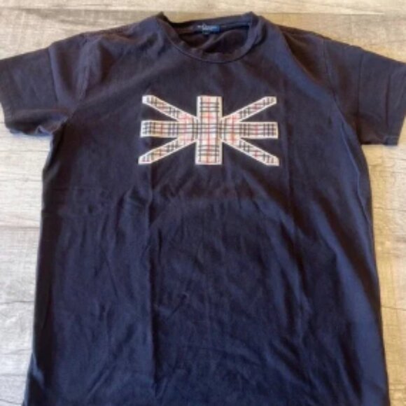 Burberry London Black T-Shirt Union Jack Plaid Logo Crew Neck Womens Medium - Picture 1 of 9